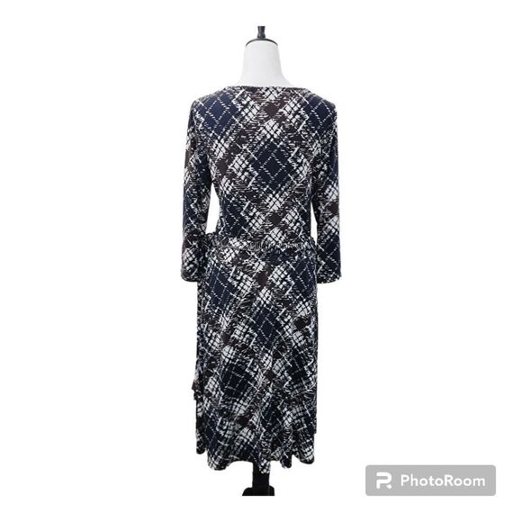 BCBGMaxazria Faux Wrap Print Dress Surplice Hem Side Tie Stretch Career Size L - Picture 2 of 10